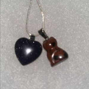 Hippie Boho Mahogany Obsidian Cat and Blue Goldstone Heart Silver 24” Neck…